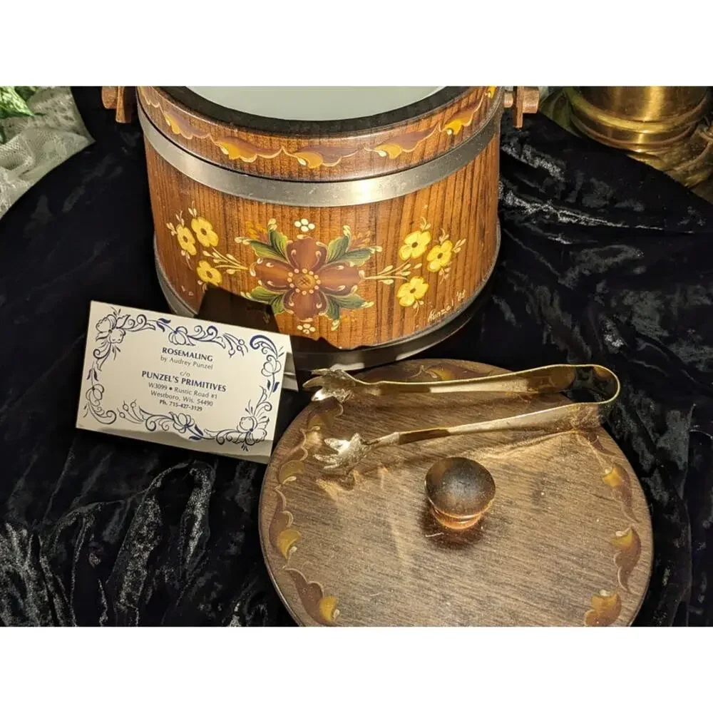 Vintage Norwegian Rosemaling Ice Bucket Hand Paint Signed Folk Art Tole Wood COA
